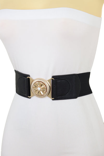 Brand New Women Black Elastic Waistband Fashion Belt Gold Metal Flower Buckle Size S M