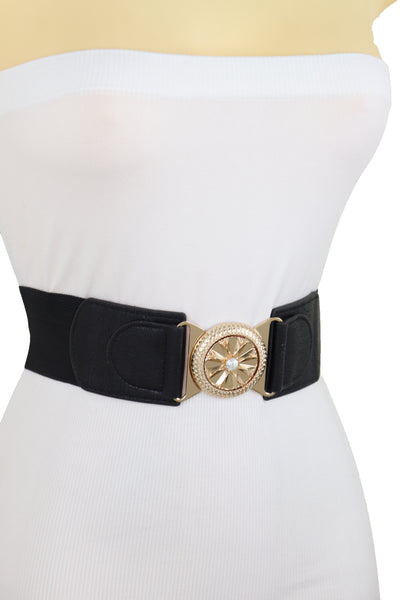 Brand New Women Black Elastic Waistband Fashion Belt Gold Metal Flower Buckle Size S M