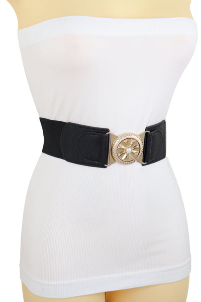 Brand New Women Black Elastic Waistband Fashion Belt Gold Metal Flower Buckle Size S M