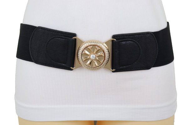 Brand New Women Black Elastic Waistband Fashion Belt Gold Metal Flower Buckle Size S M