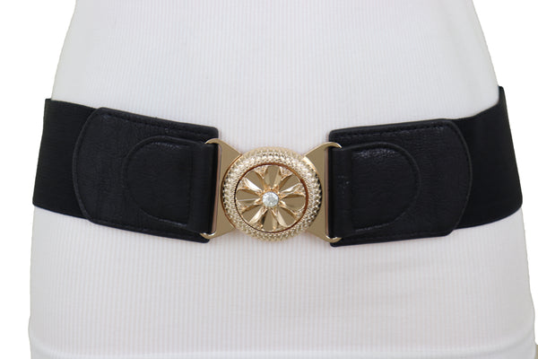 Brand New Women Black Elastic Waistband Fashion Belt Gold Metal Flower Buckle Size S M