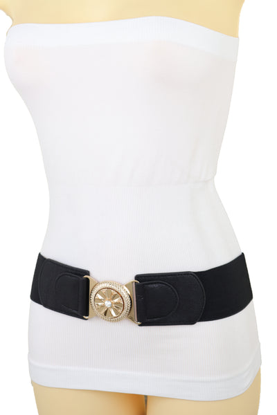 Brand New Women Black Elastic Waistband Fashion Belt Gold Metal Flower Buckle Size S M