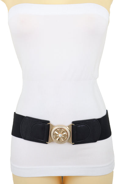 Brand New Women Black Elastic Waistband Fashion Belt Gold Metal Flower Buckle Size S M