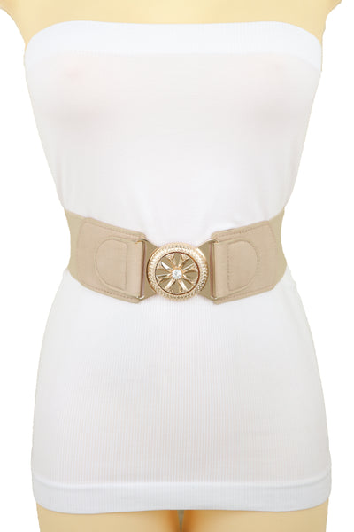 Brand New Women Beige Elastic Fashion Belt Hip High Waist Gold Metal Flower Buckle Fit S M