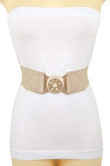 Beige Elastic Fashion Belt Hip High Waist Gold Metal Flower Buckle Fit S M