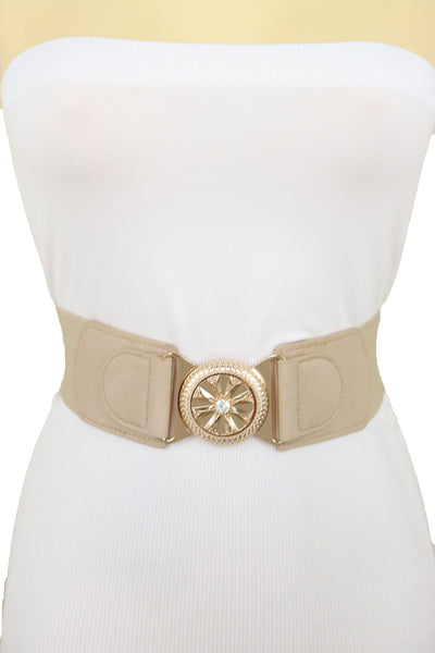 Brand New Women Beige Elastic Fashion Belt Hip High Waist Gold Metal Flower Buckle Fit S M