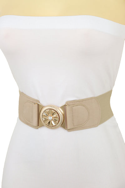 Brand New Women Beige Elastic Fashion Belt Hip High Waist Gold Metal Flower Buckle Fit S M