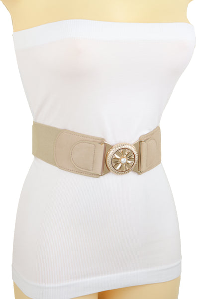 Brand New Women Beige Elastic Fashion Belt Hip High Waist Gold Metal Flower Buckle Fit S M