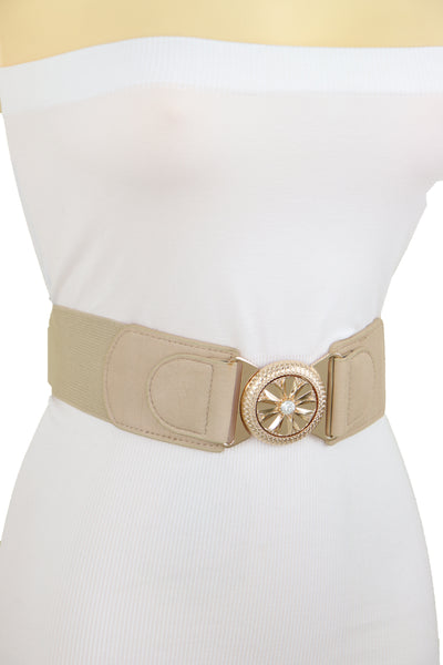 Brand New Women Beige Elastic Fashion Belt Hip High Waist Gold Metal Flower Buckle Fit S M