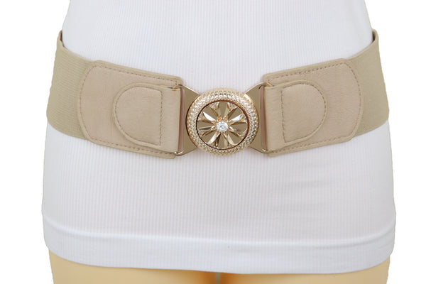 Brand New Women Beige Elastic Fashion Belt Hip High Waist Gold Metal Flower Buckle Fit S M