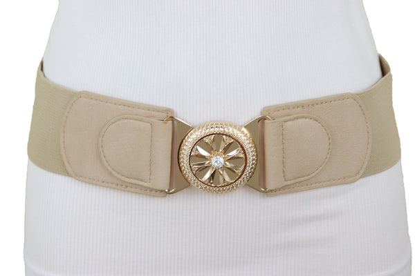 Brand New Women Beige Elastic Fashion Belt Hip High Waist Gold Metal Flower Buckle Fit S M