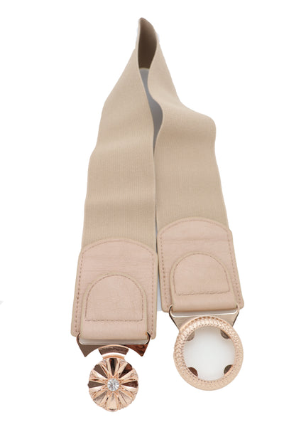 Brand New Women Beige Elastic Fashion Belt Hip High Waist Gold Metal Flower Buckle Fit S M
