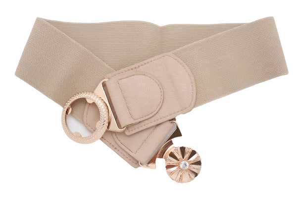 Brand New Women Beige Elastic Fashion Belt Hip High Waist Gold Metal Flower Buckle Fit S M