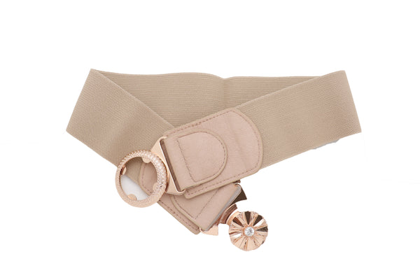 Brand New Women Beige Elastic Fashion Belt Hip High Waist Gold Metal Flower Buckle Fit S M
