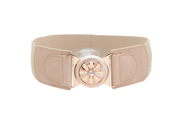 Brand New Women Beige Elastic Fashion Belt Hip High Waist Gold Metal Flower Buckle Fit S M