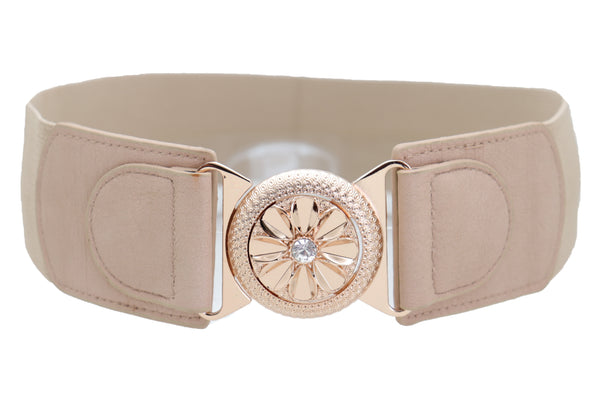 Brand New Women Beige Elastic Fashion Belt Hip High Waist Gold Metal Flower Buckle Fit S M