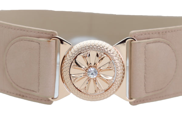 Brand New Women Beige Elastic Fashion Belt Hip High Waist Gold Metal Flower Buckle Fit S M