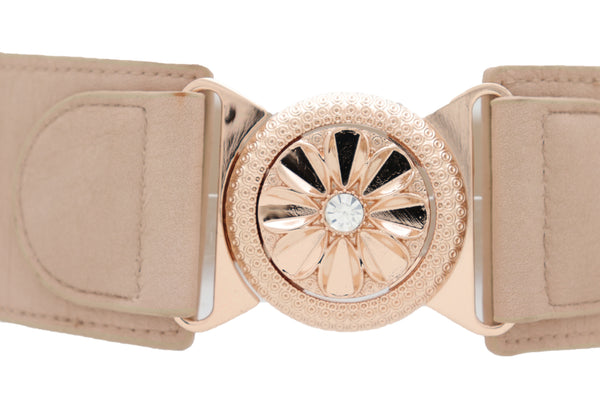 Brand New Women Beige Elastic Fashion Belt Hip High Waist Gold Metal Flower Buckle Fit S M