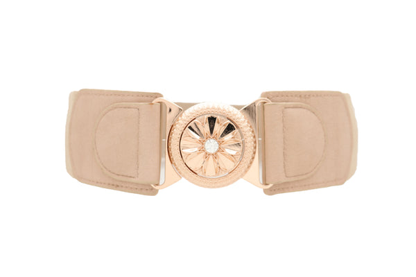 Brand New Women Beige Elastic Fashion Belt Hip High Waist Gold Metal Flower Buckle Fit S M