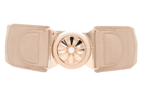 Brand New Women Beige Elastic Fashion Belt Hip High Waist Gold Metal Flower Buckle Fit S M