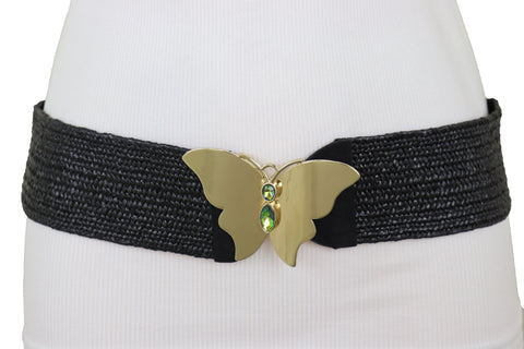 Brand New Women Black Stretch Band High Waist Hip Belt Gold Metal Butterfly Buckle Fit S M