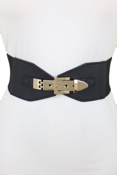 Brand New Women Faux Leather Wide Black Elastic Belt Bling Gold Metal Buckle Size S M