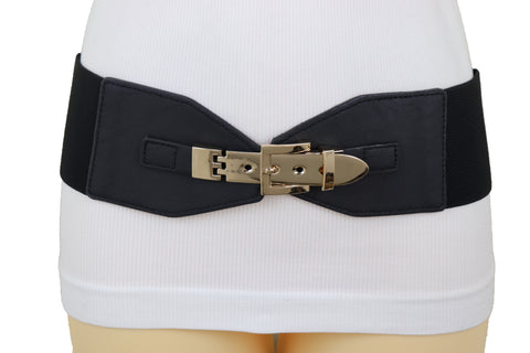 Brand New Women Faux Leather Wide Black Elastic Belt Bling Gold Metal Buckle Size S M