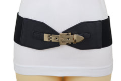Faux Leather Wide Black Elastic Belt Bling Gold Metal Buckle Size S M
