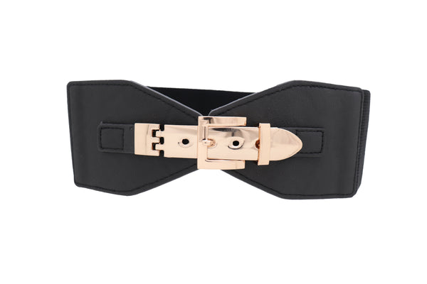 Brand New Women Faux Leather Wide Black Elastic Belt Bling Gold Metal Buckle Size S M