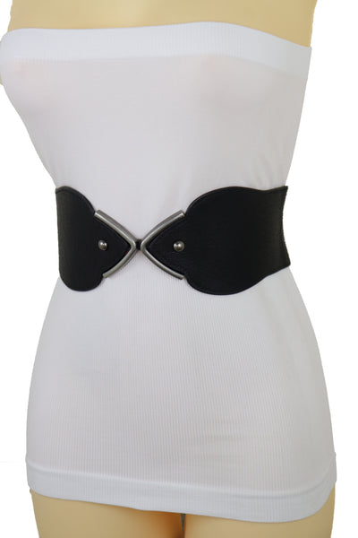 Brand New Women Hip High Waist Fashion Wide Black Belt Silver Metal Studs Buckle Size S M