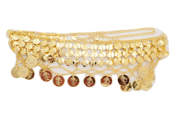 Brand New Women Gold Metal Chain Wide Waistband Ethnic Belly Dance Coin Charms Belt S M L