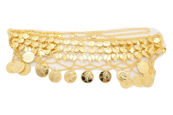 Brand New Women Gold Metal Chain Wide Waistband Ethnic Belly Dance Coin Charms Belt S M L