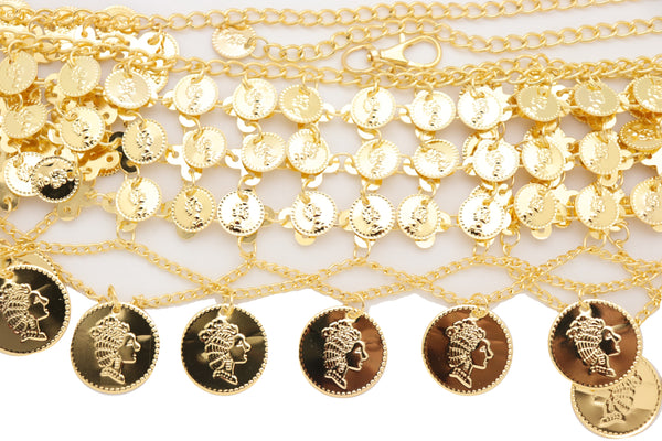 Brand New Women Gold Metal Chain Wide Waistband Ethnic Belly Dance Coin Charms Belt S M L