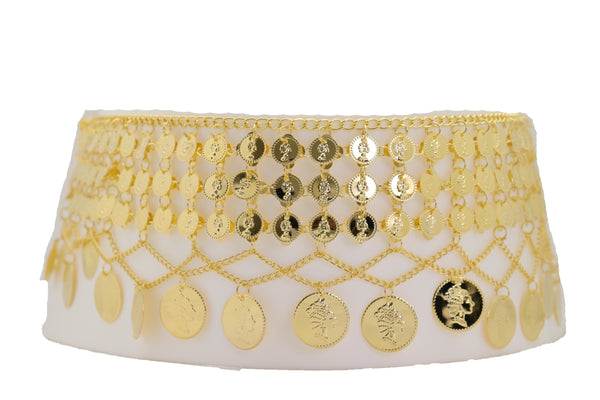 Brand New Women Gold Metal Chain Wide Waistband Ethnic Belly Dance Coin Charms Belt S M L