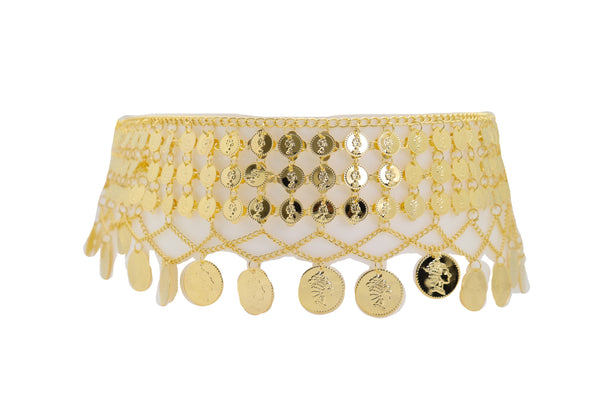 Brand New Women Gold Metal Chain Wide Waistband Ethnic Belly Dance Coin Charms Belt S M L