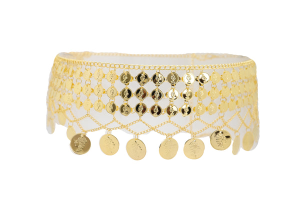 Brand New Women Gold Metal Chain Wide Waistband Ethnic Belly Dance Coin Charms Belt S M L