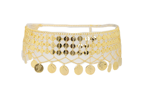 Brand New Women Gold Metal Chain Wide Waistband Ethnic Belly Dance Coin Charms Belt S M L