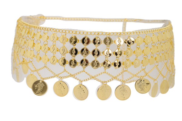 Brand New Women Gold Metal Chain Wide Waistband Ethnic Belly Dance Coin Charms Belt S M L