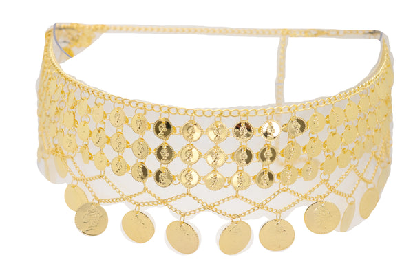 Brand New Women Gold Metal Chain Wide Waistband Ethnic Belly Dance Coin Charms Belt S M L