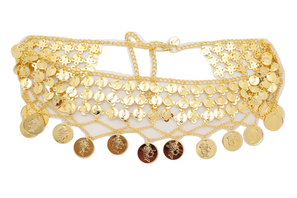 Brand New Women Gold Metal Chain Wide Waistband Ethnic Belly Dance Coin Charms Belt S M L