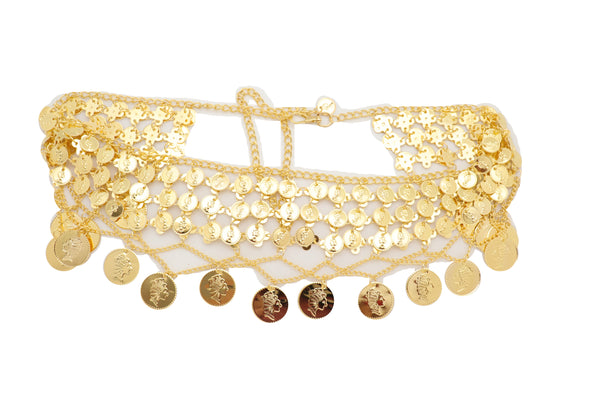 Brand New Women Gold Metal Chain Wide Waistband Ethnic Belly Dance Coin Charms Belt S M L