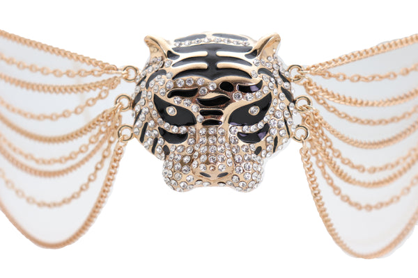 Brand New Women Gold Metal Chain Side Waves Belt Hip High Waist Leopard Tiger Charm S M L