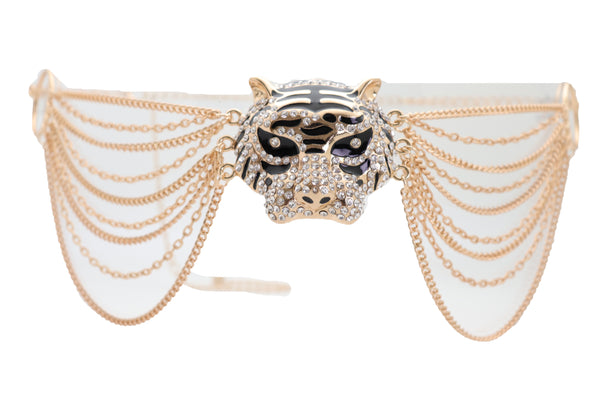 Brand New Women Gold Metal Chain Side Waves Belt Hip High Waist Leopard Tiger Charm S M L