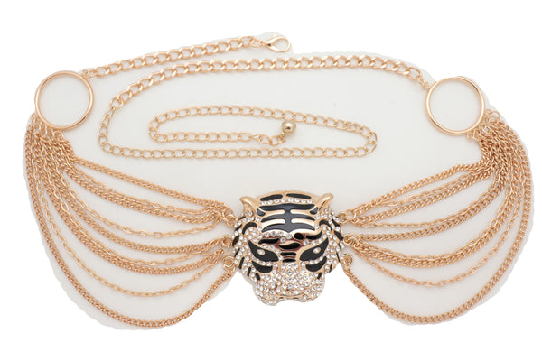Brand New Women Gold Metal Chain Side Waves Belt Hip High Waist Leopard Tiger Charm S M L