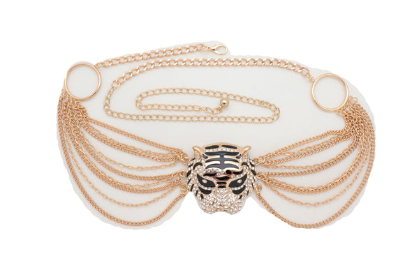 Brand New Women Gold Metal Chain Side Waves Belt Hip High Waist Leopard Tiger Charm S M L