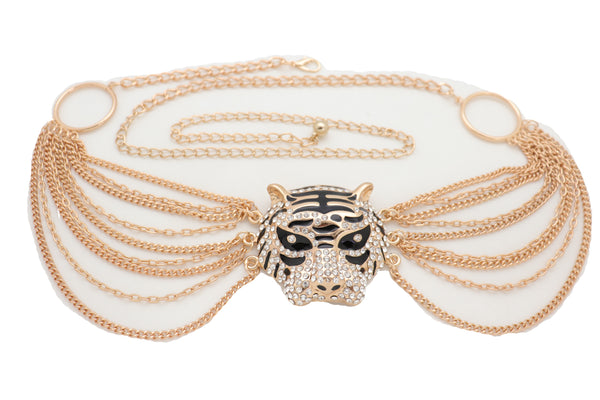 Brand New Women Gold Metal Chain Side Waves Belt Hip High Waist Leopard Tiger Charm S M L