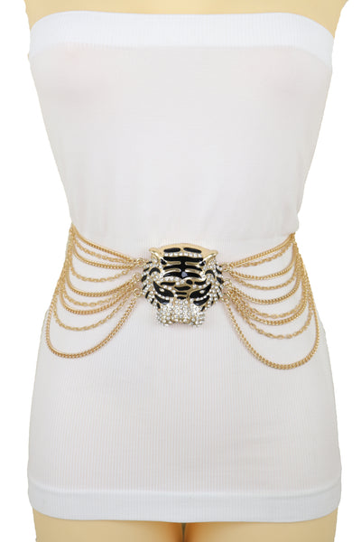 Brand New Women Gold Metal Chain Side Waves Belt Hip High Waist Leopard Tiger Charm S M L