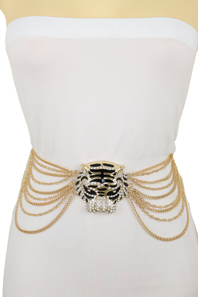 Brand New Women Gold Metal Chain Side Waves Belt Hip High Waist Leopard Tiger Charm S M L