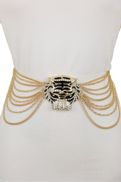 Brand New Women Gold Metal Chain Side Waves Belt Hip High Waist Leopard Tiger Charm S M L