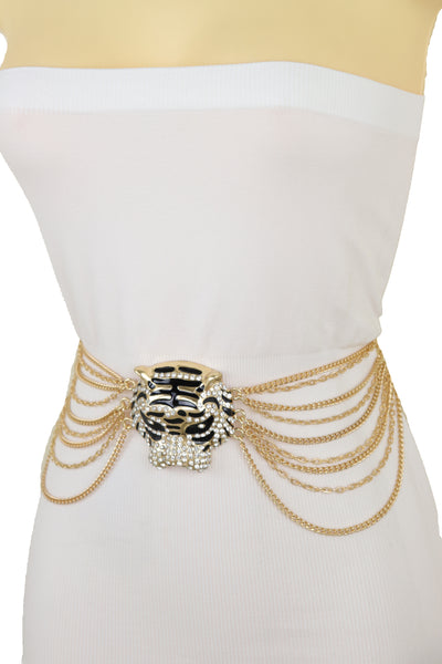 Brand New Women Gold Metal Chain Side Waves Belt Hip High Waist Leopard Tiger Charm S M L